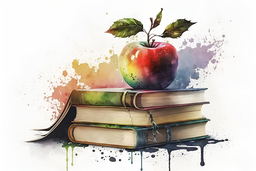 Une pomme colorée posée sur une pile de livres, symbolisant la transmission du savoir et de l'expertise à La Fistinière.