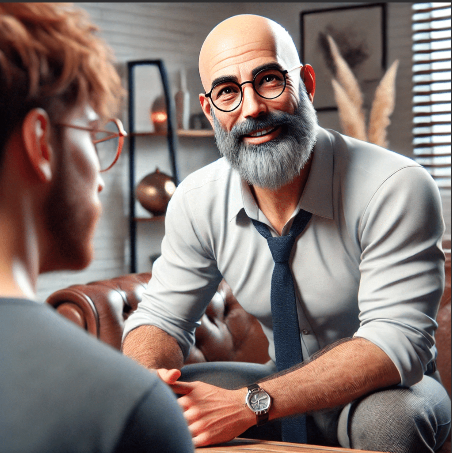 Un instructeur expérimenté, barbu et chauve, guide un élève dans un cours individuel de Fistin'Classe chez La Fistinière, dans un cadre intime et accueillant.