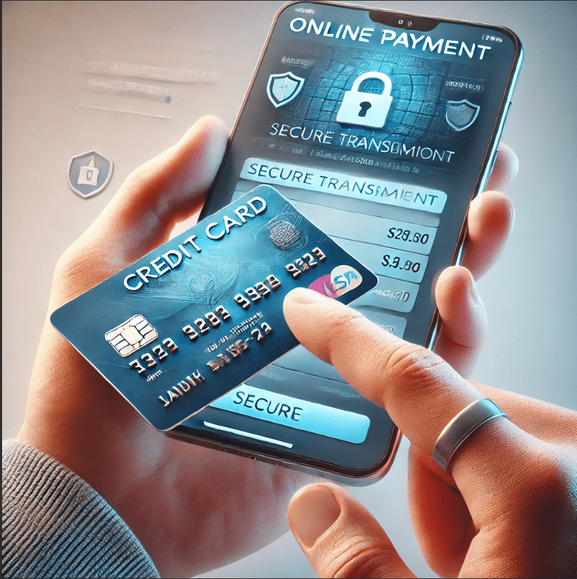 Un gros plan sur une main tenant une carte bancaire devant un smartphone affichant un écran de paiement en ligne sécurisé. L’utilisateur touche l’écran pour valider une transaction.