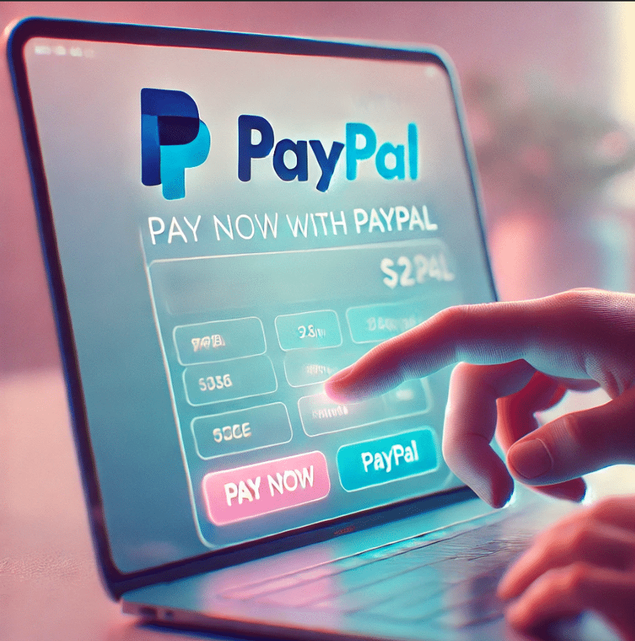 Une main touche l’écran d’un ordinateur portable affichant une page de paiement PayPal. L’écran montre le logo PayPal et des boutons interactifs pour confirmer le paiement.