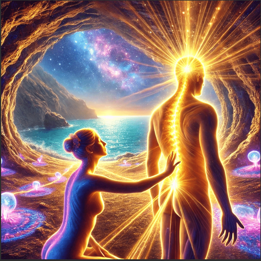 Deux corps lumineux, dans une grotte ouverte sur l’océan et le ciel étoilé, incarnent la connexion énergétique par le toucher, dans une ambiance spirituelle et cosmique.