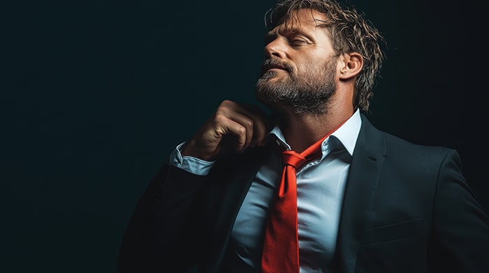 Un homme barbu en costume défait sa cravate rouge, dans une posture de soulagement et de relâchement.