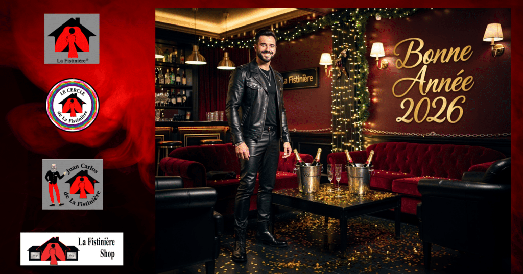 Carte de vœux 2026 de La Fistinière : un homme souriant en tenue en cuir, entouré de bouteilles de champagne et de décorations festives dans un salon élégant.