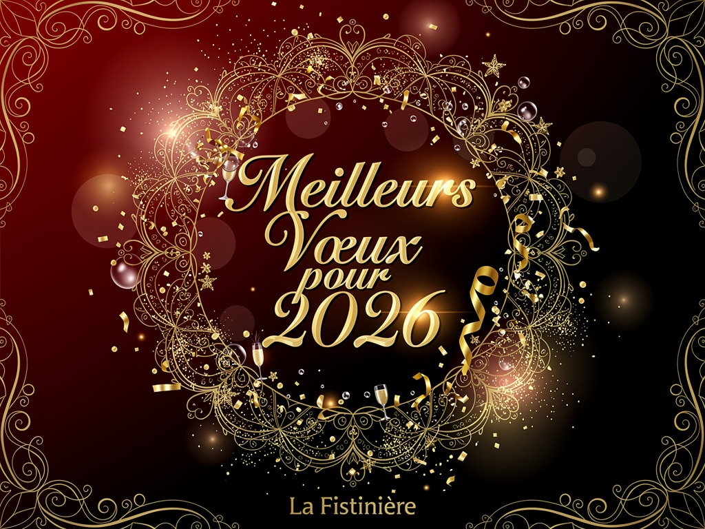 Carte de vœux élégante pour 2026 du site La Fistinière : 'Meilleurs Vœux pour 2026' entourée de motifs dorés festifs et de décorations lumineuses sur fond rouge et noir