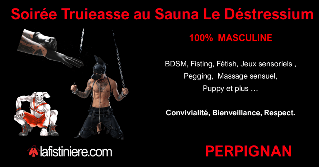 Affiche de la Soirée Truieasse 100% masculine au Sauna Le Déstressium à Perpignan, organisée par La Fistinière. Illustration d'un homme en tenue BDSM avec masque et chaînes, et d'un personnage puppy en harnais. Activités proposées : BDSM, Fisting, Fétish, Jeux sensoriels, Pegging, Massage sensuel, Puppy. Ambiance conviviale, bienveillante et respectueuse. Réservations sur lafistiniere.com.